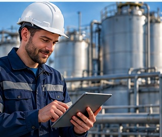 Tecnico in impianto industriale durante la raccolta dei dati per una richiesta sui misuratori di livello