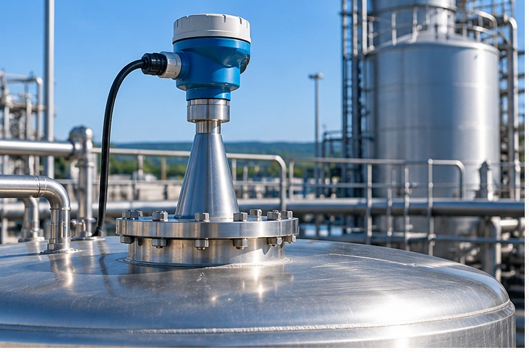 Sensore radar installato sulla sommità di un serbatoio industriale